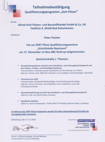 Zertifikat Zert Fliese Schnittstelle Nassraum 2016